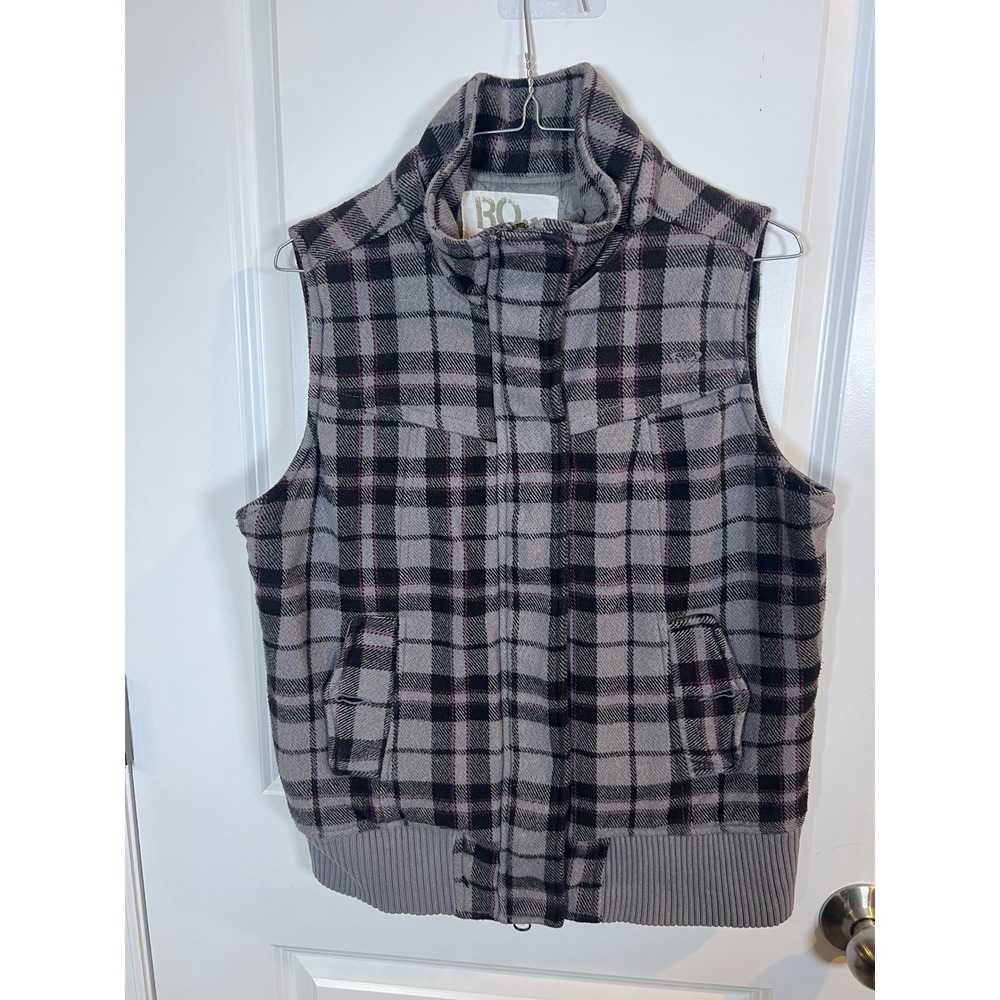 Roxy Womens Vest Plaid Wool Blend Quilted Puffer Gray Purple XL